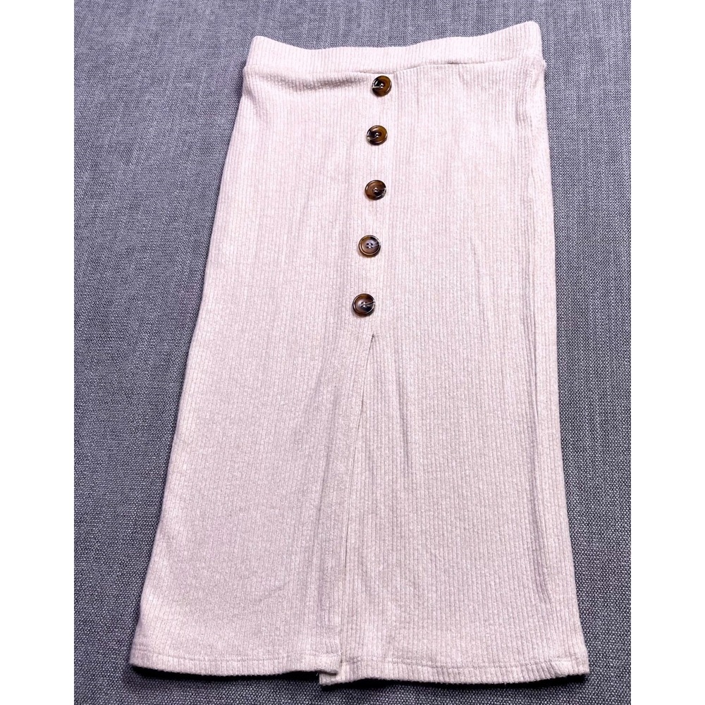 Almost Famous Midi Skirt Womens Medium Beige Ribbed Knit Button A-Line Slit